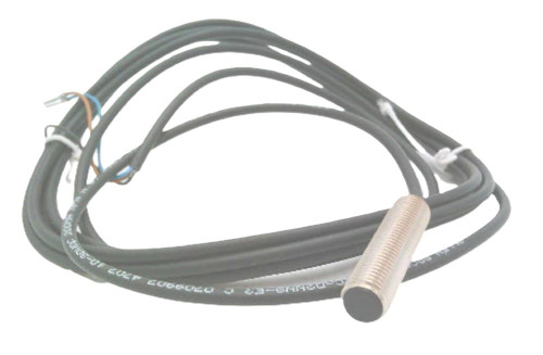 Allen-Bradley sensor, industrial electromagnetic sensor with black cable and threaded metal probe.