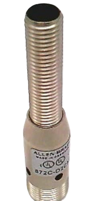 Allen-Bradley sensor, cylindrical industrial sensor with threaded body and black sensing face.