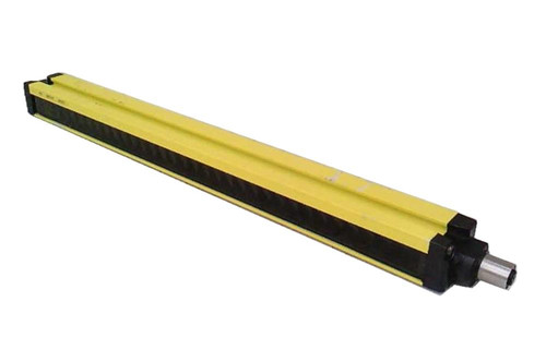 Allen-Bradley safety light curtain, yellow and black industrial sensor device used for safety in manufacturing environments.