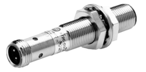 Allen-Bradley, industrial sensor with metallic cylindrical body and threaded design.