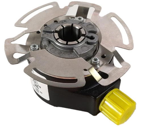 Allen-Bradley, industrial motor component with metal mounting bracket and yellow adjustment knob.