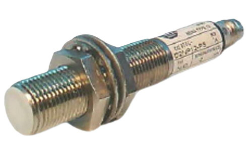 Allen-Bradley D2NP12-P3, industrial sensor or proximity switch in metallic cylindrical design with threaded section for installation.