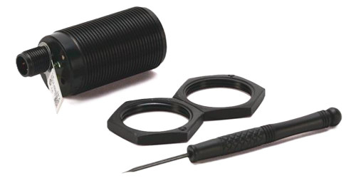 Allen-Bradley 875CP-G20N30-R3, product image showing a large black cylindrical sensor, two black mounting brackets, and a small screwdriver for installation.