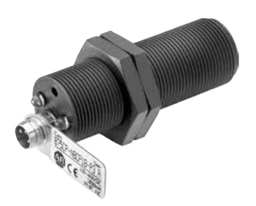 Allen-Bradley 875CP-N20NP30-A2, industrial sensor or proximity switch with threaded body and electrical connector for automation systems.