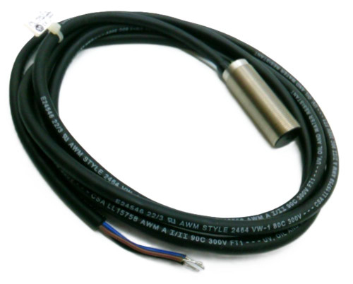 Allen-Bradley 875C-M5NN18-A2, industrial sensor with cylindrical metal body and black cables.