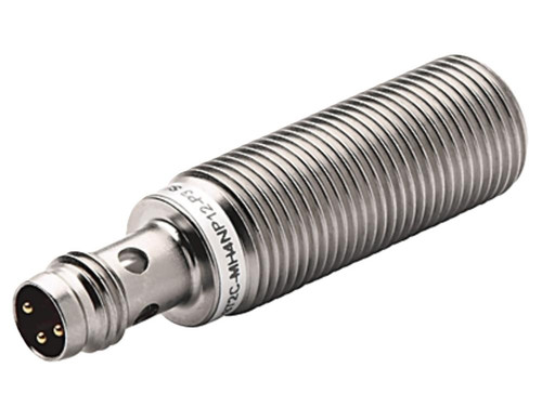 Allen-Bradley, industrial sensor with cylindrical metal body and electrical connector for automation applications.
