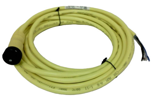 Allen-Bradley, yellow industrial sensor cable with black connector and exposed wires