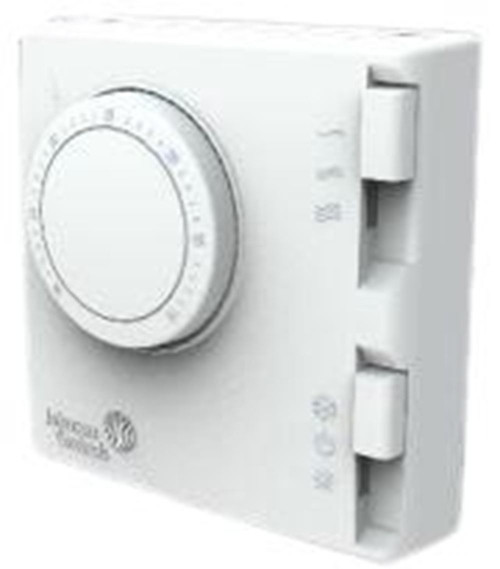 Johnson Controls T125FAC-JS0, white thermostat with a circular dial and two side switches for temperature control.