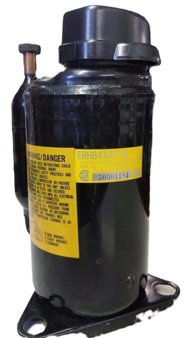 Product Toshiba ERH84XA3-1K, black compressor with yellow warning label and mounting base.
