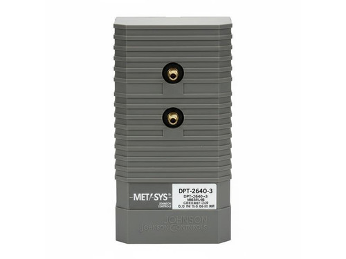 Johnson Controls DPT-2640-3, industrial electronic device with a corrugated gray casing and two gold-colored connectors on the front.