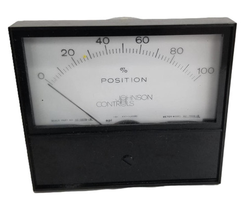 Johnson Controls MZ-7006-2, analog meter gauge with a black rectangular casing and a white dial, measuring percentage position with a needle indicator.