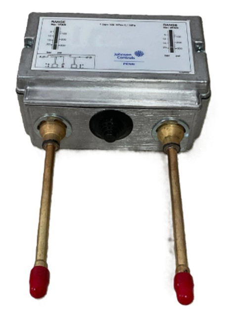 Johnson Controls P78ALA-9451, industrial electronic control device with metal casing, featuring two brass pipes with red caps, a black connector, and a detailed label on top.