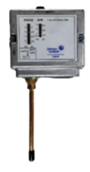 Johnson Controls P77AAW-9800, industrial process control sensor with a white digital interface and a copper probe.