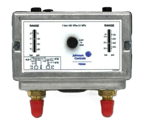 Johnson Controls P78PGA-9300, industrial pressure control switch with gauge and wiring diagram.