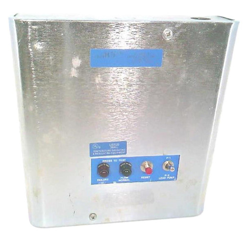Johnson Controls S-7300-3, metal control box with blue labels and dials for testing, featuring failure lights, flow normal switch, restart button, and lead pump switch.