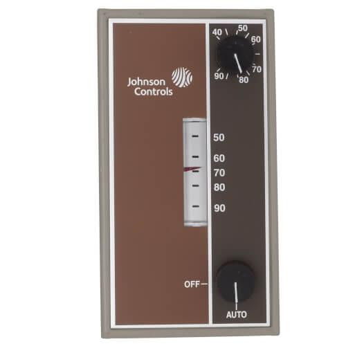 Johnson Controls T22JAA-1C, temperature controller with adjustable dial, temperature scale and control switch.