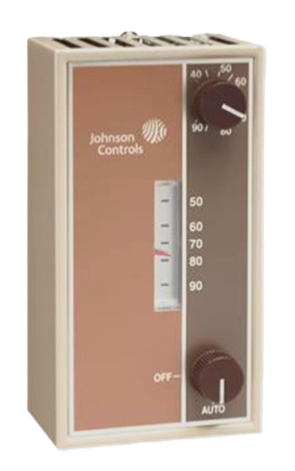 Johnson Controls T22AAA-1, temperature and humidity control device with adjustable knobs and a vertical display with a temperature range from 50 to 90 degrees.