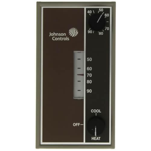 Johnson Controls T22SEB-1C, temperature controller device with a large thermometer scale, control knob for Cool/Heat modes, and a dial gauge for temperature regulation.