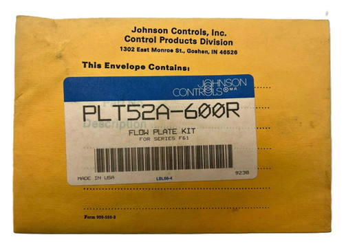 Johnson Controls PLT52A-600R, flow plate kit for Series FB1 HVAC control system in packaging.