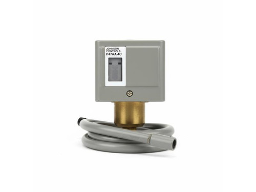 Johnson Controls P47AA-4C, industrial control device with a gray rectangular box and a coiled cable.