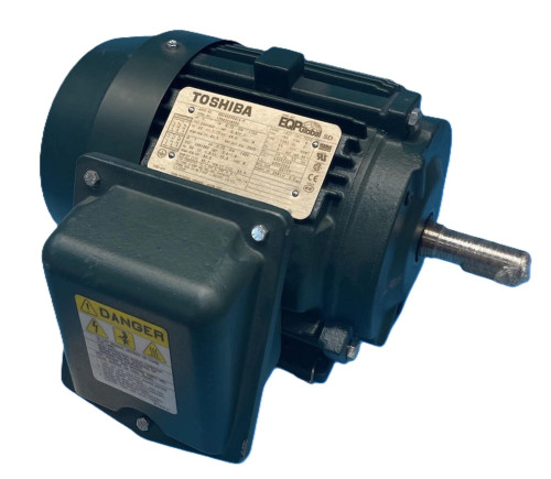 Toshiba 0014SDSR41A-P, industrial electric motor with a black and gray body, label with technical specifications, and mounting shaft.