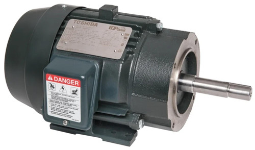 Toshiba 0208SDSR41A-P, industrial electric motor with mounting base and metal shaft.