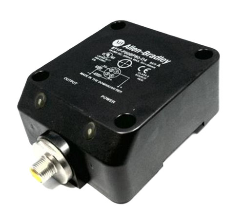 Allen-Bradley 871F-P50BP80-D4, industrial sensor or switch device with black rectangular body and metal connector, used for automation machinery.