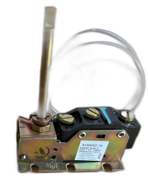 Johnson Controls A19AGC-74, industrial HVAC control relay with metal body, wiring terminals, and attached wires for temperature regulation in heating and cooling systems.