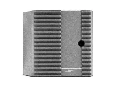 Johnson Controls AS-ENC100-0 REFURBISHED, industrial electronic device with a gray rectangular metal casing featuring vented sides and a small circular hole on the front panel.