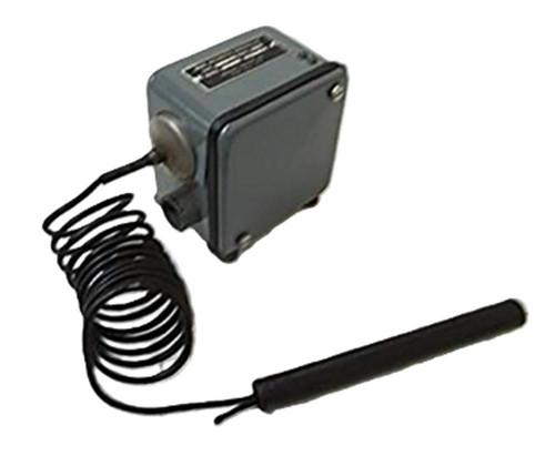 Johnson Controls A72AE-10, temperature sensor with gray control unit, black coil wire, and a black sensor probe.