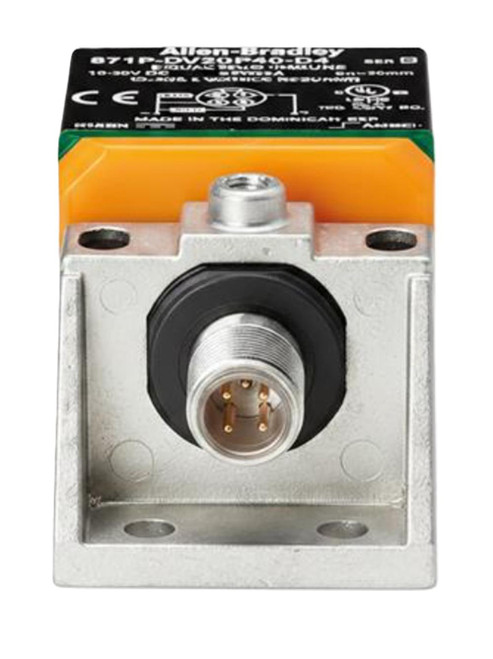 Allen-Bradley 871P-DV20NP40-D4, industrial electrical sensor with metal mounting base and circular connector, used for automation and control systems.