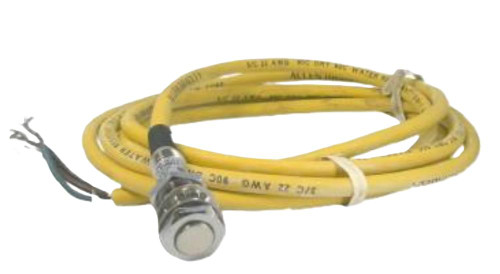 Allen-Bradley 871TM-D2NN12-C2, industrial sensor cable with yellow insulated wires and metal connector for automation applications.