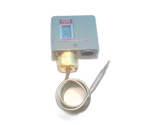 Johnson Controls A72AA-21, HVAC temperature control sensor with a gray rectangular housing and a metallic probe attached with a coiled wire.