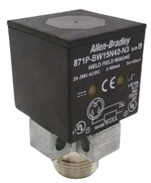 Allen-Bradley 871P-BW15N40-N3, industrial relay or switch with black housing and metal connector, used for automation control.