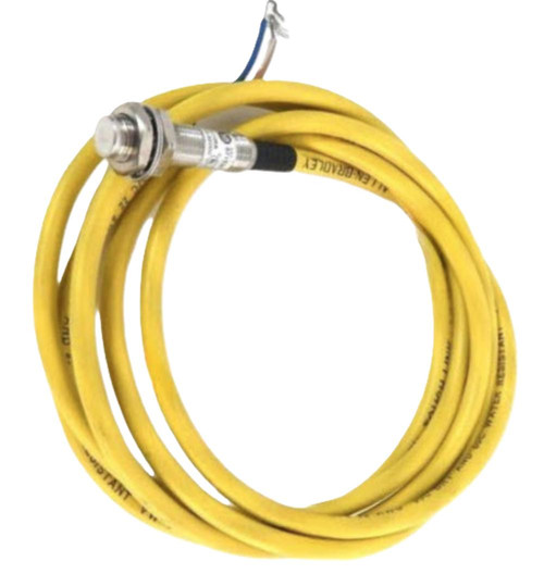 Allen-Bradley 871TM-DH2NE12-C2, industrial sensor with yellow cable and metal sensing tip.