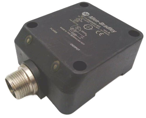 Allen-Bradley 871F-K65N80-N3, industrial sensor or switch device with a threaded metal connector and black rectangular body for industrial automation applications.