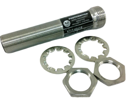 Allen-Bradley 871T-G5J18, industrial proximity sensor with mounting accessories including washers and nuts.