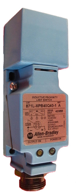 Allen-Bradley 871L-XPB40Q40-1, inductive proximity limit switch, blue sensor device with orange label, sensitivity of 40mm, rated for 10-30V DC, max load of 400mA, with output and power on indicators.