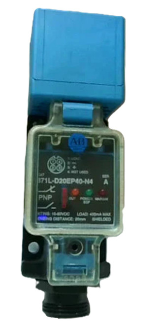 Allen-Bradley 871L-D20EP40-N4, industrial safety relay with blue housing and control indicator lights.
