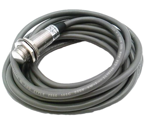 Allen-Bradley 871TM-BH5N18-A5, industrial proximity sensor cable, gray cable coiled with metal sensor attached.