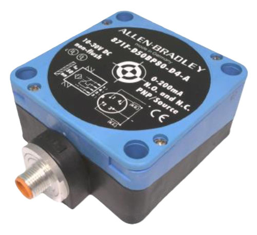 Allen-Bradley 871F-D50BP80-D4, industrial limit switch, blue and black color with electrical connector and manufacturer details printed on the label.