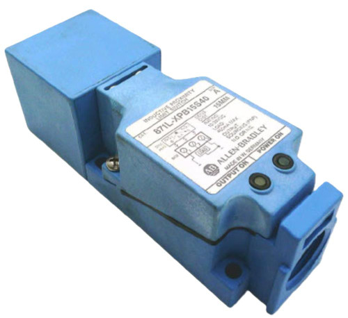Allen-Bradley 871L-XPB15S40 proximity sensor, industrial sensor device with blue casing and two connector ports.