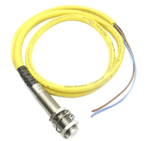 Allen-Bradley 871TM-D5NP18-H5, industrial sensor with yellow cable and metal connector for automation equipment.