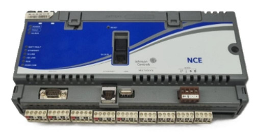 Johnson Controls MS-NCE2500-0 Refurbished, industrial control device with multiple ports and a digital display panel