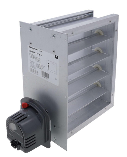 Honeywell ZD10X12TZ, industrial electric damper actuator with metal frame and motorized control mechanism.
