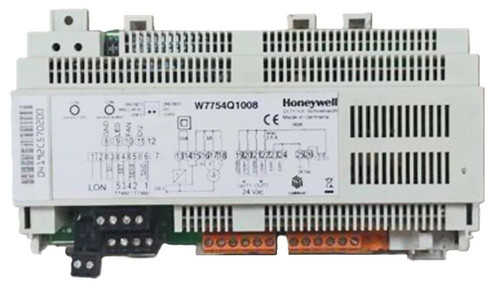 Honeywell W7754Q1008, industrial control module with circuit diagram and vented white casing for HVAC or automation systems.