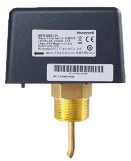 Honeywell WFS-8001-H, industrial water flow switch with brass fitting and electrical connector.