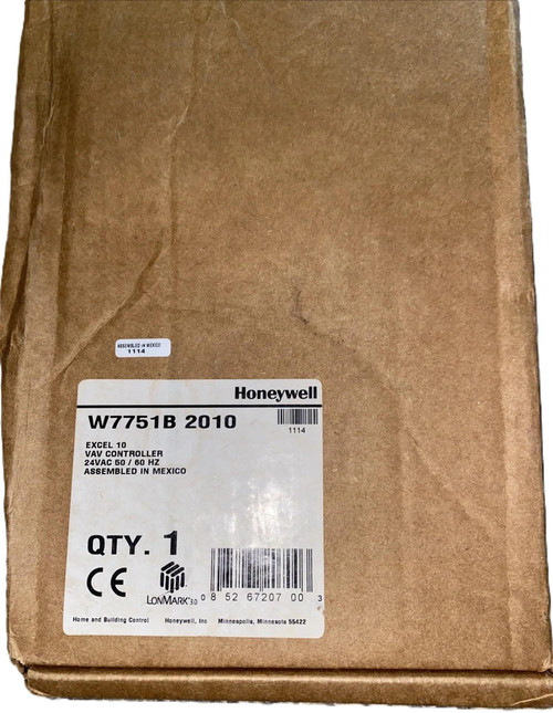 Product Honeywell W7751F2010, brown cardboard box with product label for VAV controller, 24VAC, assembled in Mexico, 1 unit.