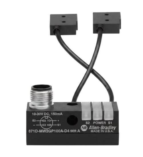 Allen-Bradley 871D-MW2GP200B-D4, industrial automation input module with two connected wires and mounting component.