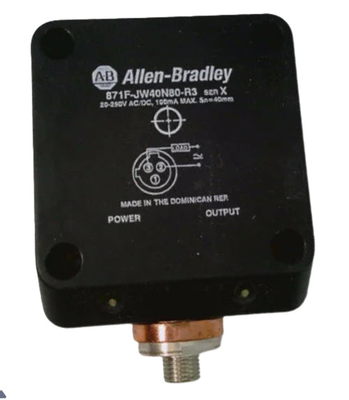 Allen-Bradley 871F-JW40N80-R3, industrial limit switch with black casing and electrical connector, used for automation and safety control applications.